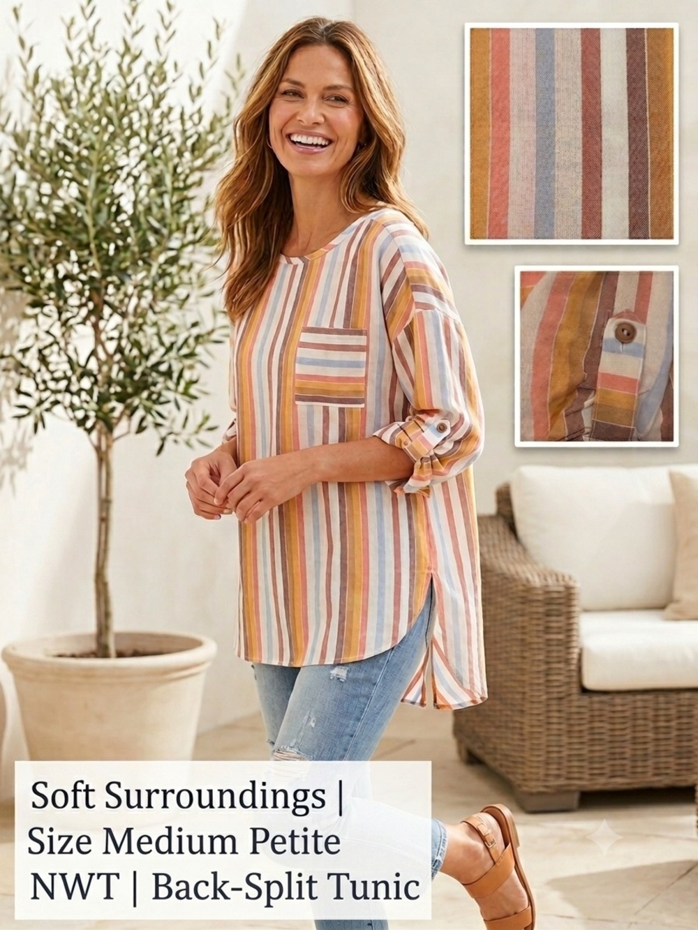 Soft Surroundings Striped Roll-Tab Tunic in Rust, Blue & Cream